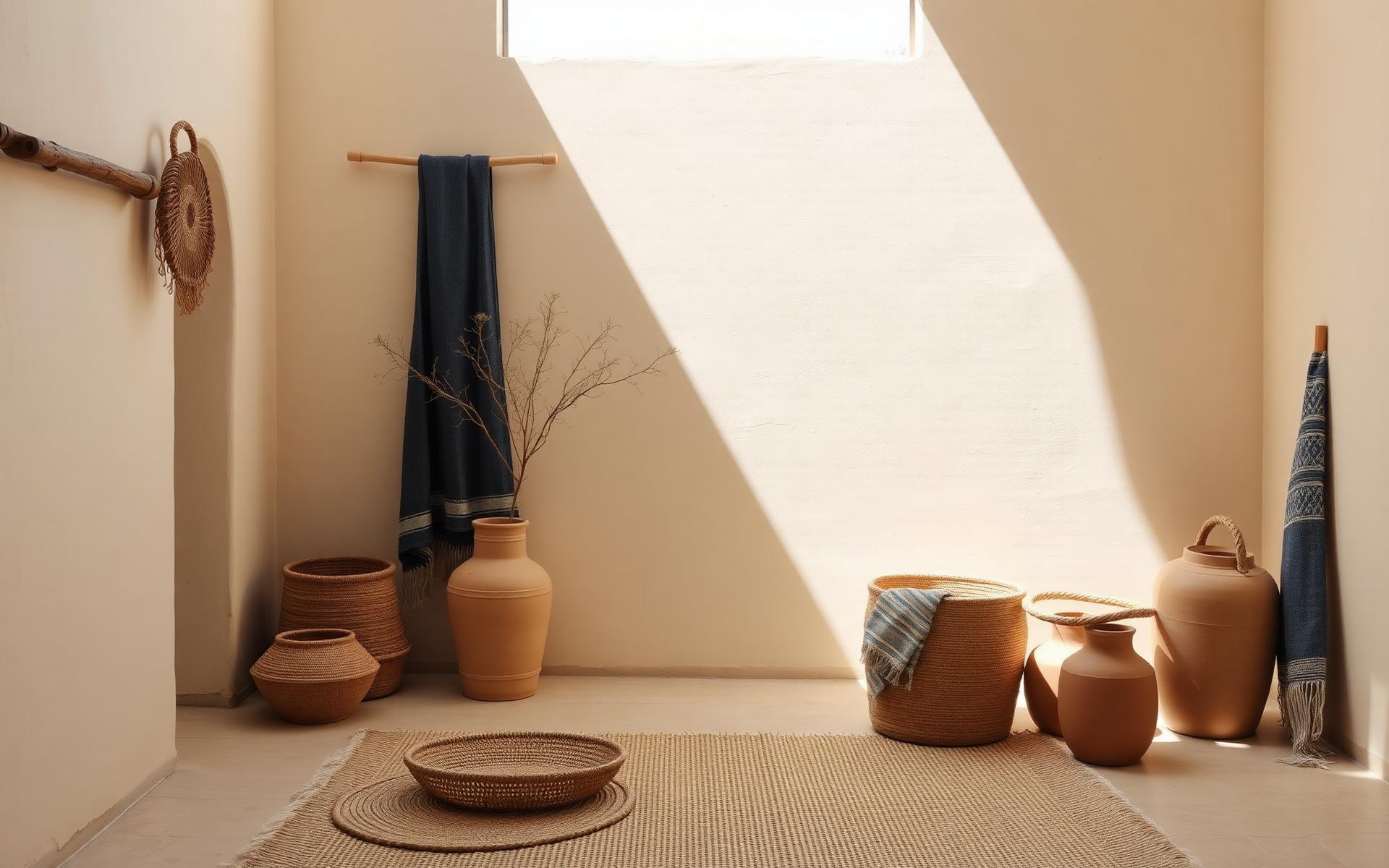 A sunlit room styled with handwoven baskets, terracotta vessels and indigo handloom textiles