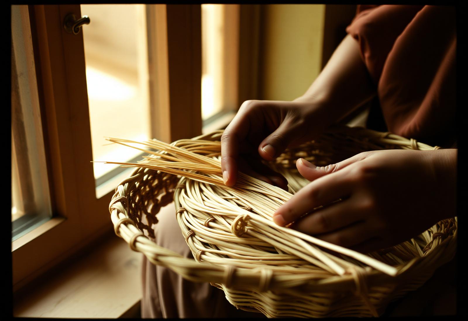 An artisan's hands weaving dried water hyacinth fibre into a basket